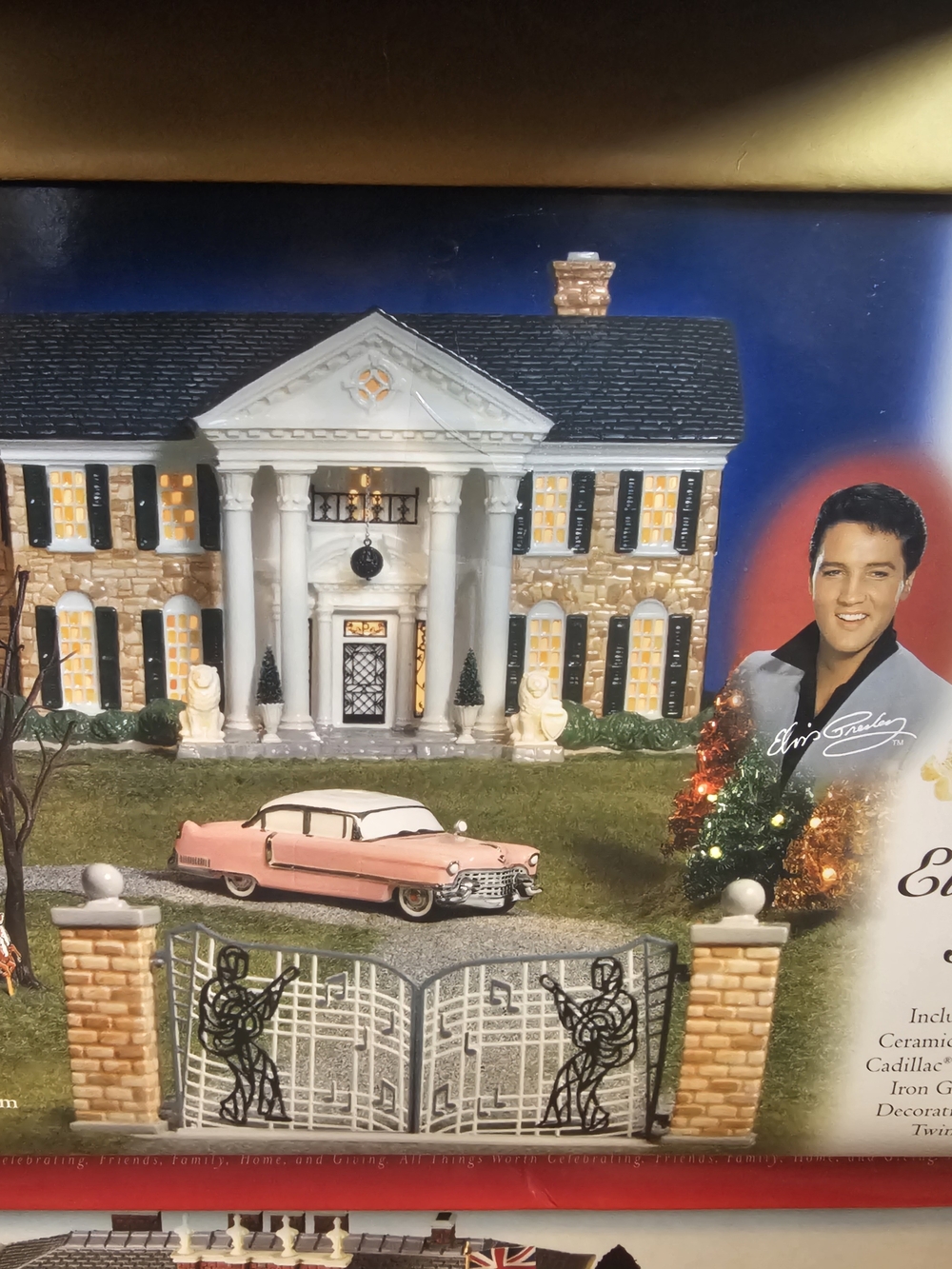 Department 56 Elvis Presley Pink Cadillac with Colonial Home Scene